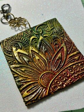 Iridescent Sunflower Embossed Keychain Pendant